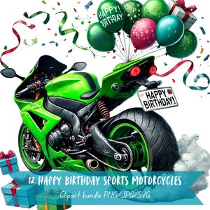 Ensemble de cliparts motos de sport joyeux anniversaire, arrière-plan transparent, art numérique très détaillé, pack de vélos à usage commercial