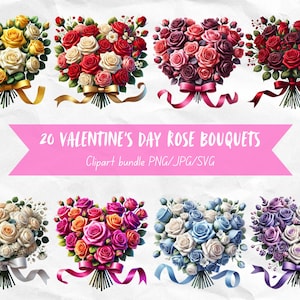 Pacote de clipart de rosas, gráficos de amor de rosas, arte de flores de coração para cartão para o dia dos namorados, clipart para cartão, clipart de coração, pacote de amor digital