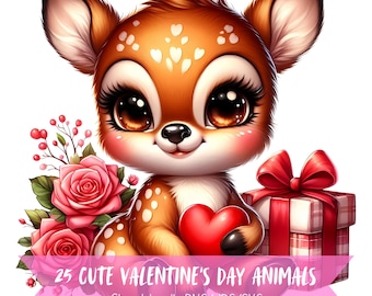 Cute Loving Animals Clipart Bundle, Watercolor Heart Rose Graphics, Transparent Background Adorable Gift Images, 300 DPI Digital Art PNG SVG