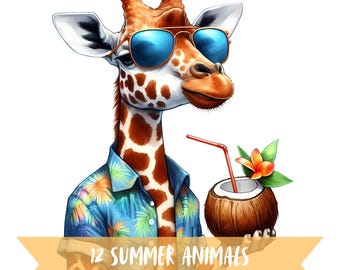 Summer Animals Clipart Bundle, Watercolor Hawaii shirt Graphics, Beach Coconut Drink Images, 300 DPI Transparent Background Digital Art PNG