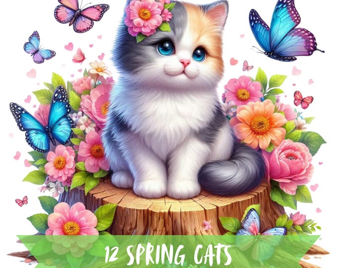 Cute Cat Floral Spring Clipart Kawaii Cat PNG Bundle Set Spring Season ...