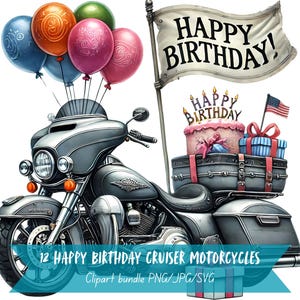 Ensemble de cliparts motos Cruiser joyeux anniversaire, fond Transparent, art numérique très détaillé, pack amateur de vélo à usage commercial