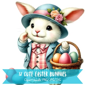 Bundle de cliparts mignon lapin de Pâques, graphiques vintage aquarelle, arrière-plan Transparent 300 Images DPI, chasse aux œufs à usage Commercial Art numérique