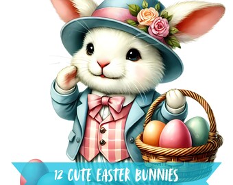 Cute Easter Bunny Clipart Bundle, Watercolor Vintage Graphics, Transparent Background 300 DPI Images, Egg Hunt Commercial Use Digital Art