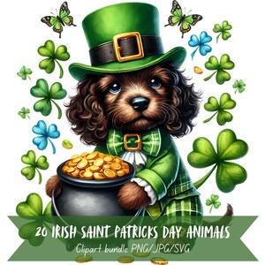 May include: A brown and white dog wearing a green leprechaun hat and holding a pot of gold coins. The dog is surrounded by shamrocks and butterflies. The text "20 IRISH SAINT PATRICKS DAY ANIMALS" and "Clipart bundle PNG/JPG/SVG" is at the bottom of the image.