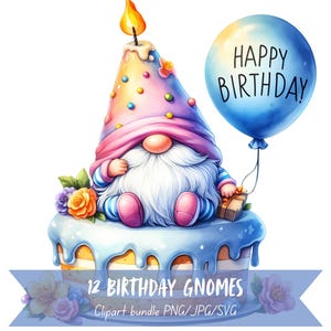 Aquarell niedlichen Wichtel Clipart Bundle, Kinder Geburtstag Ballon Pastellfarben Grafik, Geburtstag Zitat Kuchen Bilder, 300 DPI 4096x4096 Digital Art