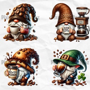 Op de afbeelding: Vier gnomen met koffie-thema hoeden en mokken. De eerste gnome heeft een bruine hoed met koffiebonen, de tweede gnome heeft een bruine hoed met een patroon, de derde gnome heeft een bruine hoed met chocolade en koffiebonen, en de vierde gnome heeft een groene hoed met een gouden gesp. Elke gnome houdt een mok vast met een koffie-gerelateerde uitspraak.