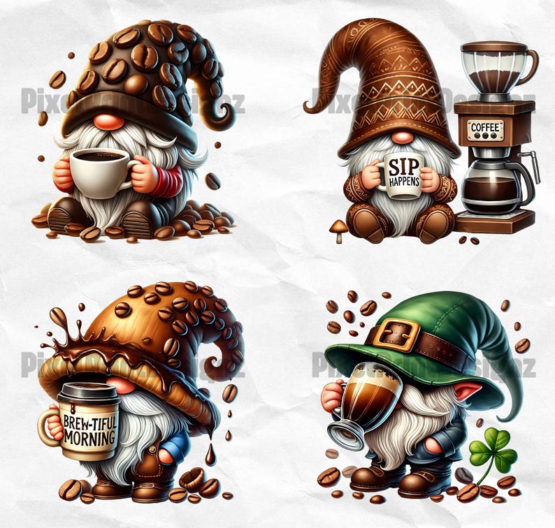 Op de afbeelding: Vier gnomen met koffie-thema hoeden en mokken. De eerste gnome heeft een bruine hoed met koffiebonen, de tweede gnome heeft een bruine hoed met een patroon, de derde gnome heeft een bruine hoed met chocolade en koffiebonen, en de vierde gnome heeft een groene hoed met een gouden gesp. Elke gnome houdt een mok vast met een koffie-gerelateerde uitspraak.