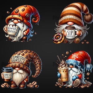Op de afbeelding: Vier gnomes met koffie-thema hoeden en mokken. De gnomes houden mokken vast die zeggen "Brew-tiful Morning", "Sip Happens", "Espresso Yourself", en een koffiemok met een sneeuwvlok ontwerp.
