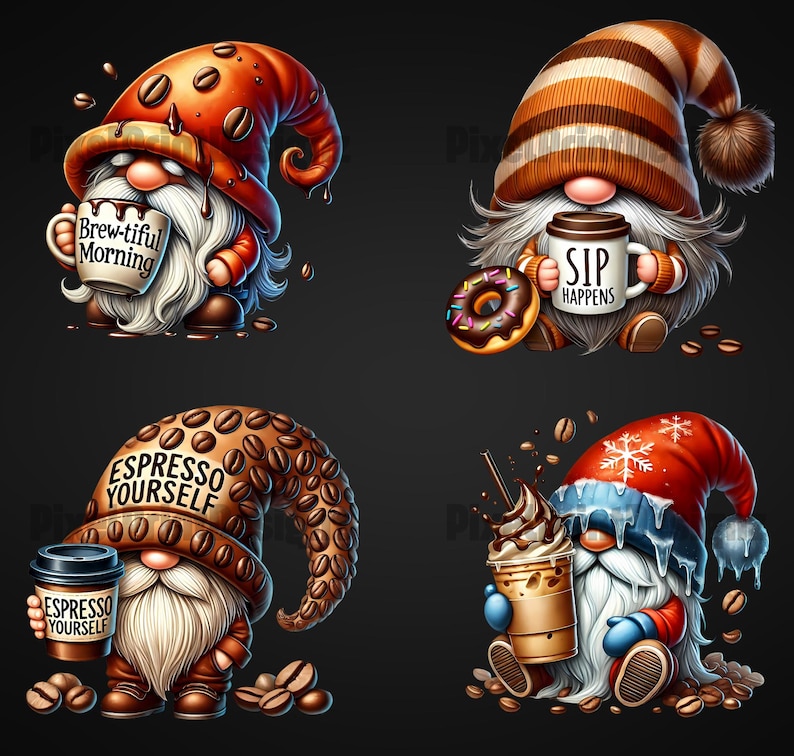 Op de afbeelding: Vier gnomes met koffie-thema hoeden en mokken. De gnomes houden mokken vast die zeggen "Brew-tiful Morning", "Sip Happens", "Espresso Yourself", en een koffiemok met een sneeuwvlok ontwerp.