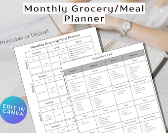 Maandelijkse maaltijdplanner, sjabloon voor boodschappenlijst (canva, pdf)