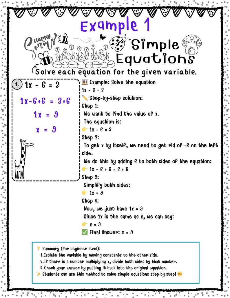 Equazioni semplici primaverili / Fogli di lavoro di algebra di base per le classi 4-6 / Risolvi per x / Nessuna preparazione necessaria immagine 2