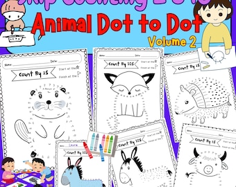 Van punt tot punt, Animals Connect the Dots Volume 2: Tellen met 2, 5, 10 seconden overslaan / Werkbladen afdrukbaar huiswerk / Wiskunde voor kinderen