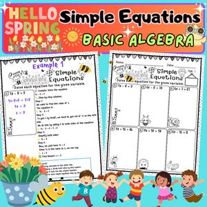 Ecuaciones simples de primavera / Hojas de ejercicios de álgebra básica para 4.º a 6.º grado / Resuelve para x / Sin preparación