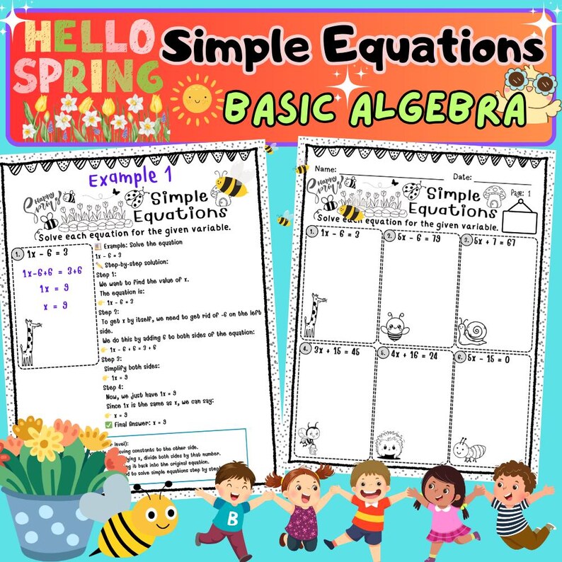 Equazioni semplici primaverili / Fogli di lavoro di algebra di base per le classi 4-6 / Risolvi per x / Nessuna preparazione necessaria immagine 1