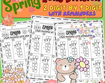 Werkbladen met lange delen veer | 2-cijferig per 1-cijferig | Met resten + sjabloon