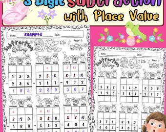 3-cijferig aftrekken met plaatswaarde-werkbladen | Lente wiskunde |Sjabloon | Geen voorbereiding