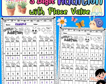 3-cijferige optelling met plaatswaarde-werkbladen | Voorjaarswiskunde | Sjabloon | Geen voorbereiding