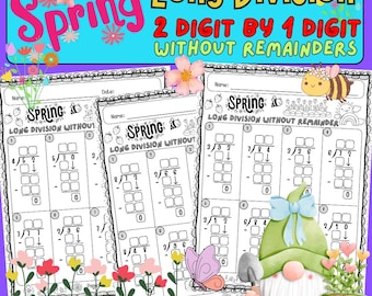 Esercizi di divisione lunga primaverile / Numeri a 2 cifre per numeri a 1 cifra / Senza resto / Modello