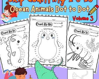 Werkbladen met tellen overslaan van punt tot punt | Tellen met 2s, 5s, 10s | Leuk oceaandier