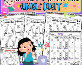 Enkelcijferige verticale optelling: 3 getallen in kolommen toevoegen, werkbladen + sjabloon