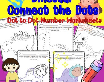 Werkblad dinosaurus van punt tot punt Verbind de stippen met cijfers / Werkbladen afdrukbaar huiswerk / Rekenen voor kinderen