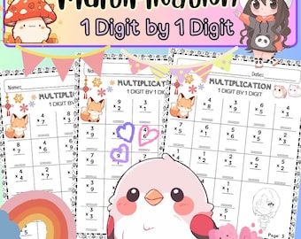 Oefenwerkbladen vermenigvuldigen met 1 cijfers | 30 pagina's met antwoordsleutel en sjabloon