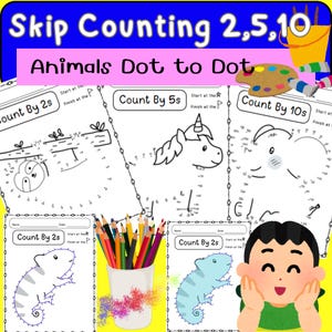 May include: Four printable worksheets for kids to practice skip counting by 2s, 5s, and 10s. Each worksheet features a different animal to connect the dots. The animals include a sloth, a unicorn, an elephant, and a chameleon.