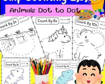 Unisci i punti, Animali unisci i punti, Conteggio a salti di 2, 5, 10 / Schede di lavoro stampabili per i compiti / Matematica per bambini