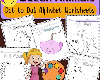 Oceaandieren Connect the Dots - Alfabet-werkbladen van punt naar punt / Afdrukbare werkbladen voor huiswerk