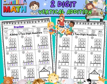 2-cijferige verticale optelling: 3 getallen in kolommen toevoegen, werkbladen + sjabloon