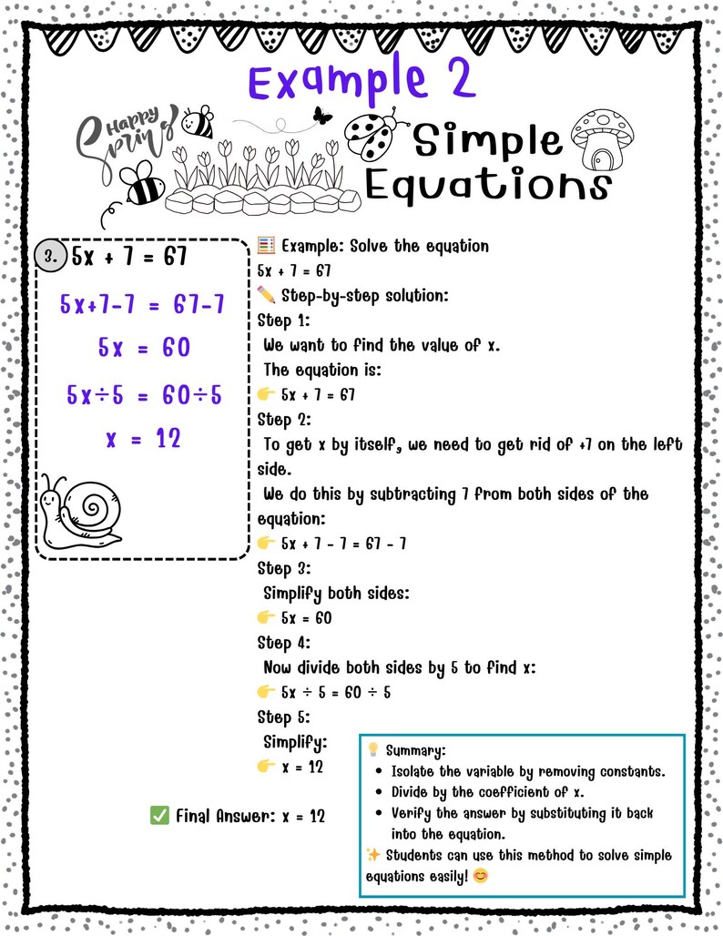 Equazioni semplici primaverili / Fogli di lavoro di algebra di base per le classi 4-6 / Risolvi per x / Nessuna preparazione necessaria immagine 3