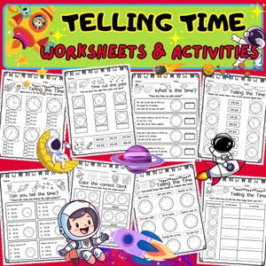 May include: A set of printable worksheets for teaching children how to tell time. The worksheets feature a space theme with illustrations of astronauts and planets. The worksheets include activities such as matching clocks, drawing hands on clocks, and writing the time in words and numbers.