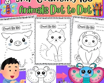 Tellen met 10s overslaan van punt naar punt | Leuke wiskundewerkbladen met dierenthema | 20 pagina's