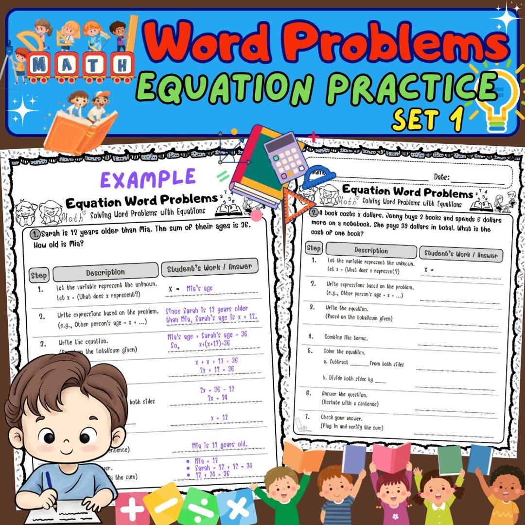 Word Problems Equation Practice Set 1 | Basic Algebra | Grades 4-6 ...