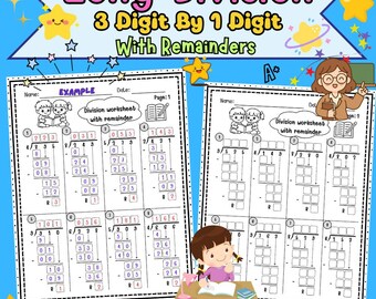 Werkbladen met lange delen, 3-cijferig per 1-cijferig met resten | Rekenoefeningen