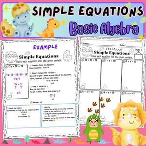 May include: A printable worksheet for learning basic algebra with a dinosaur theme. The worksheet includes an example problem and several practice problems that involve solving simple equations for a given variable. The worksheet is designed for students in primary or secondary school.