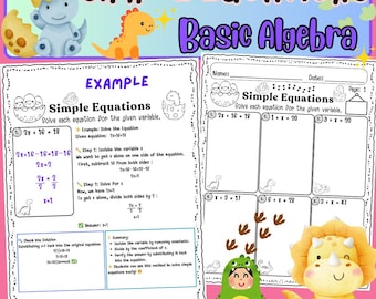 Basisalgebra: eenvoudige vergelijkingen | 30 afdrukbare werkbladen + antwoordsleutel en sjabloon