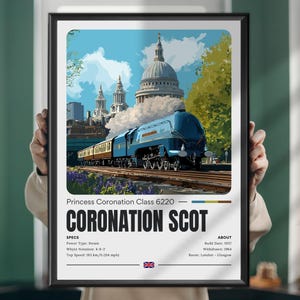 Coronation Scot: Póster, impresión y arte mural de un tren de vapor aerodinámico icónico, locomotora y ferrocarril.