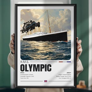 Könnte beinhalten: Ein gerahmter Druck der R.M.S. Olympic, eines schwarz-weißen Ozeandampfers, der auf einem Meer mit bewölktem Himmel segelt. Der Druck enthält den Namen des Schiffes, Spezifikationen und Herkunftsinformationen. Der Druck wird von einer Person gehalten.