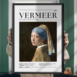 May include: A framed print of Johannes Vermeer's famous painting "Girl with a Pearl Earring". The painting depicts a young woman wearing a blue headscarf and a yellow and blue patterned garment. She has a pearl earring in her left ear. The print includes the title of the painting, the artist's name, the year it was created, and the location where it is displayed.