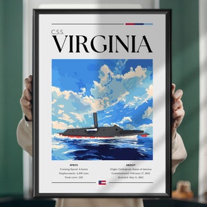 Könnte beinhalten: Eine digitale Illustration der C.S.S. Virginia, ein konföderiertes Panzerschiff. Das Schiff ist auf einem blauen Meer mit weißen Wolken am Himmel dargestellt. Die Illustration enthält Text mit den Spezifikationen und der Geschichte des Schiffes.