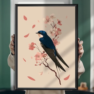 Dipinto di rondine - Stampa artistica di uccelli rustici, decorazione murale in stile cottagecore, illustrazione botanica di rondine, poster ispirato alla natura