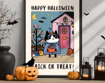 Happy Halloween Cat Poster: Spooky Black Cat Wall Art
