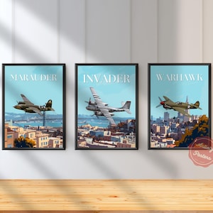WWII Aircraft Over San Francisco – Aviation Art Print Set (P-40 Warhawk, B-26 Marauder, A-26 Invader) Poster or Canvas Print Set