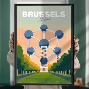 Brussels Atomium Travel Poster – Belgium Landmark Art Print, Modern Architecture Wall Art