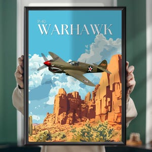 Impression d'art Warhawk Desert – chasseur Curtiss P-40 de la seconde guerre mondiale au-dessus de Mojave, art mural aviation, affiche d'avions militaires