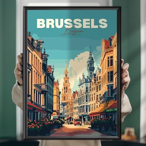 Brussels Travel Poster – Belgium Capital City Art Print, Atomium & Grand Place Wall Art