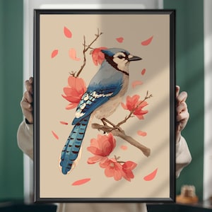Dipinto di ghiandaia azzurra – Stampa artistica da parete con uccello canterino – Decorazione naturale Cottagecore – Poster di uccelli per soggiorno, studio o cameretta dei bambini
