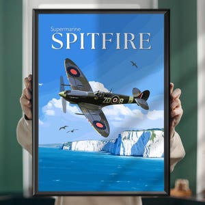 Spitfire Over Dover – WWII RAF Aircraft Painting, Battle of Britain Aviation Art on Canvas or Poster